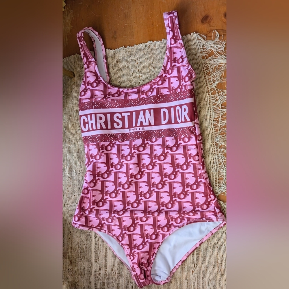 DIOR Logo SPELLOUT One-Piece Swimsuit in Pink Size Small